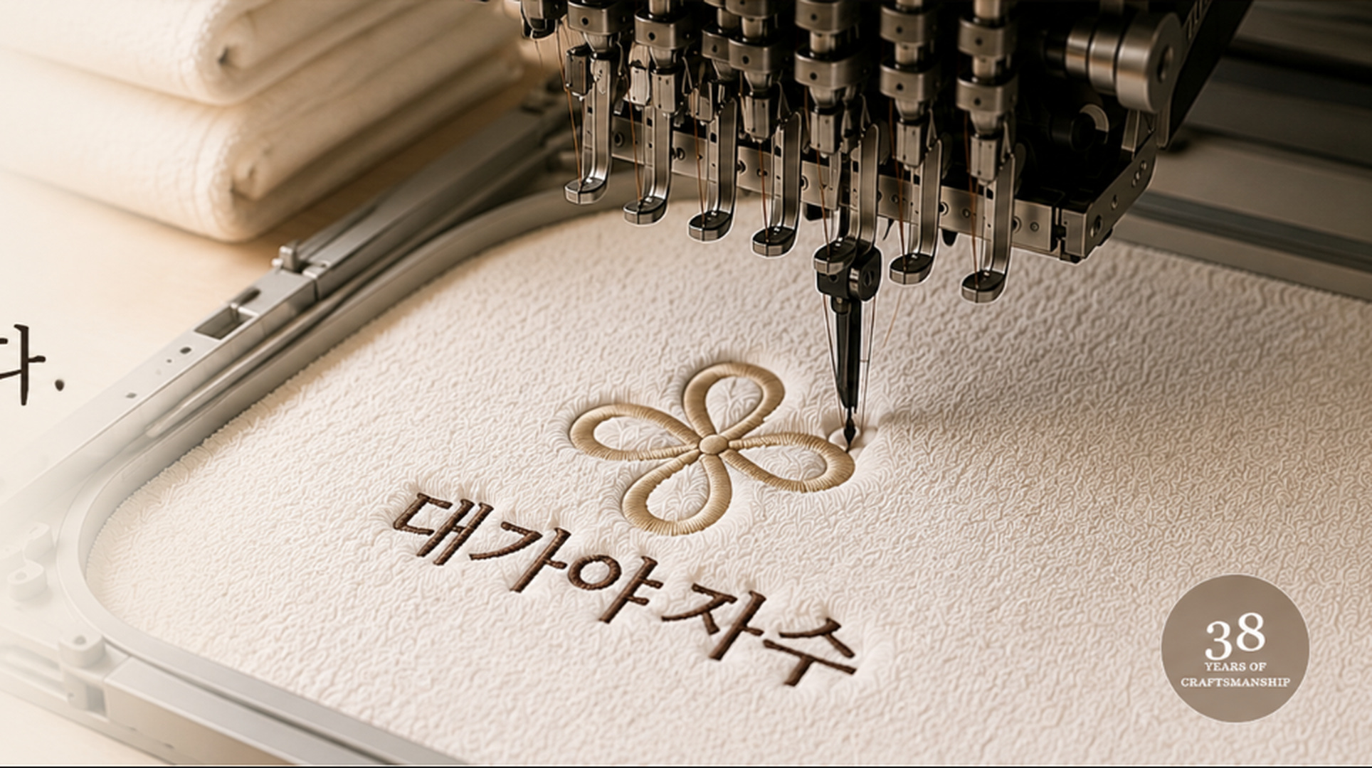 대가야자수 로고가 새겨진 타월과 자수기
